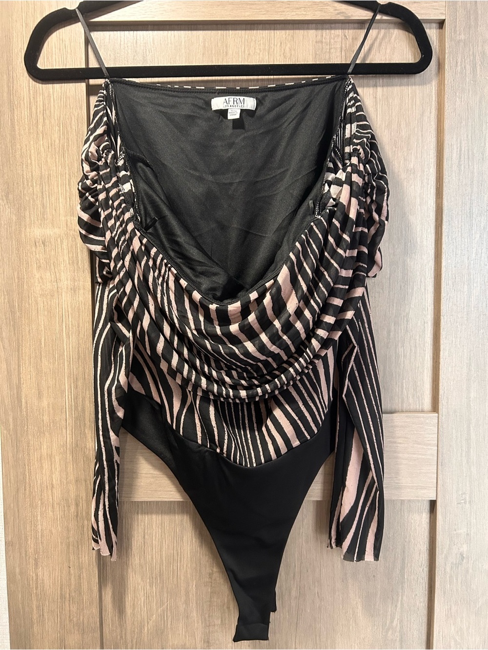 AFRM Black and Blush Striped Draped Cowl Neck Bodysuit